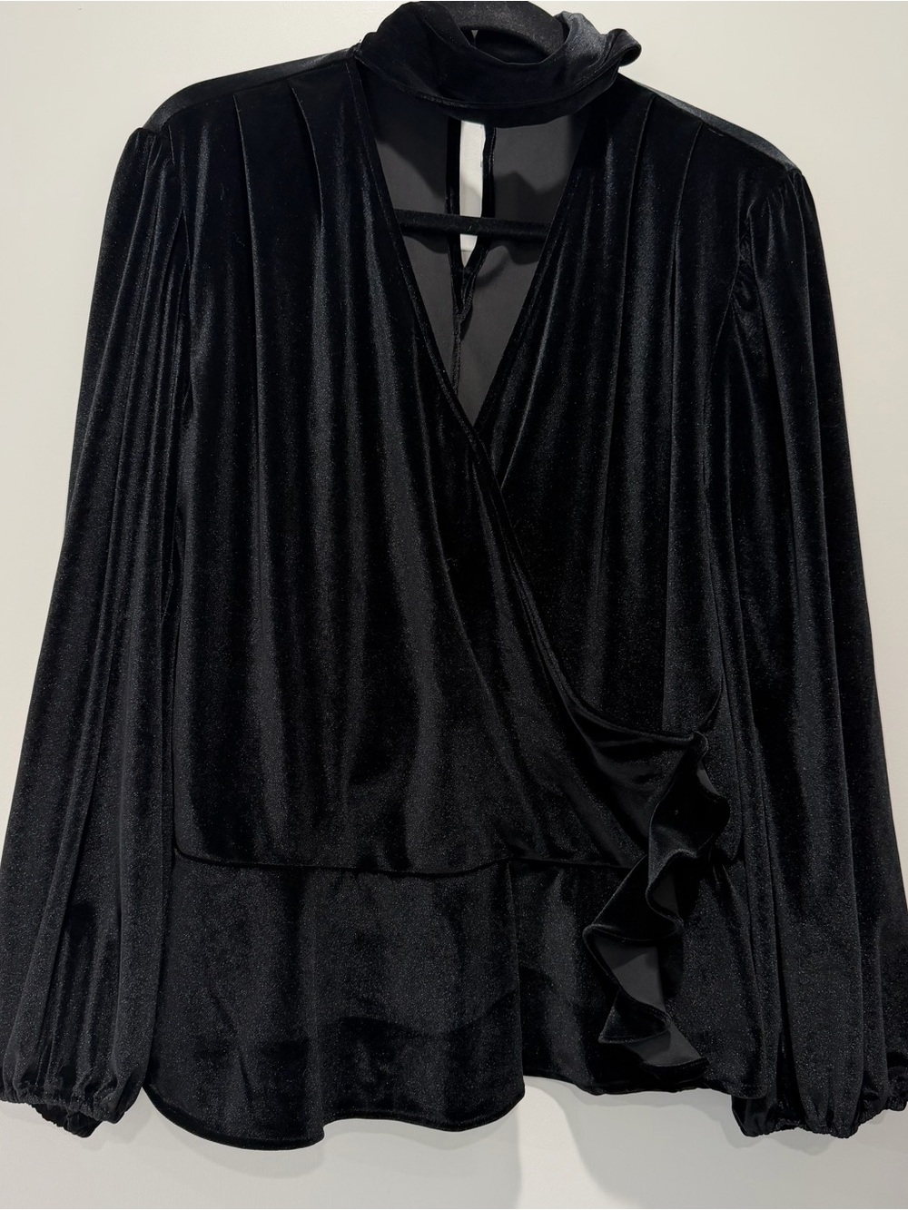 New York & Company Black Velvet Wrap Top with Ruffle Accent